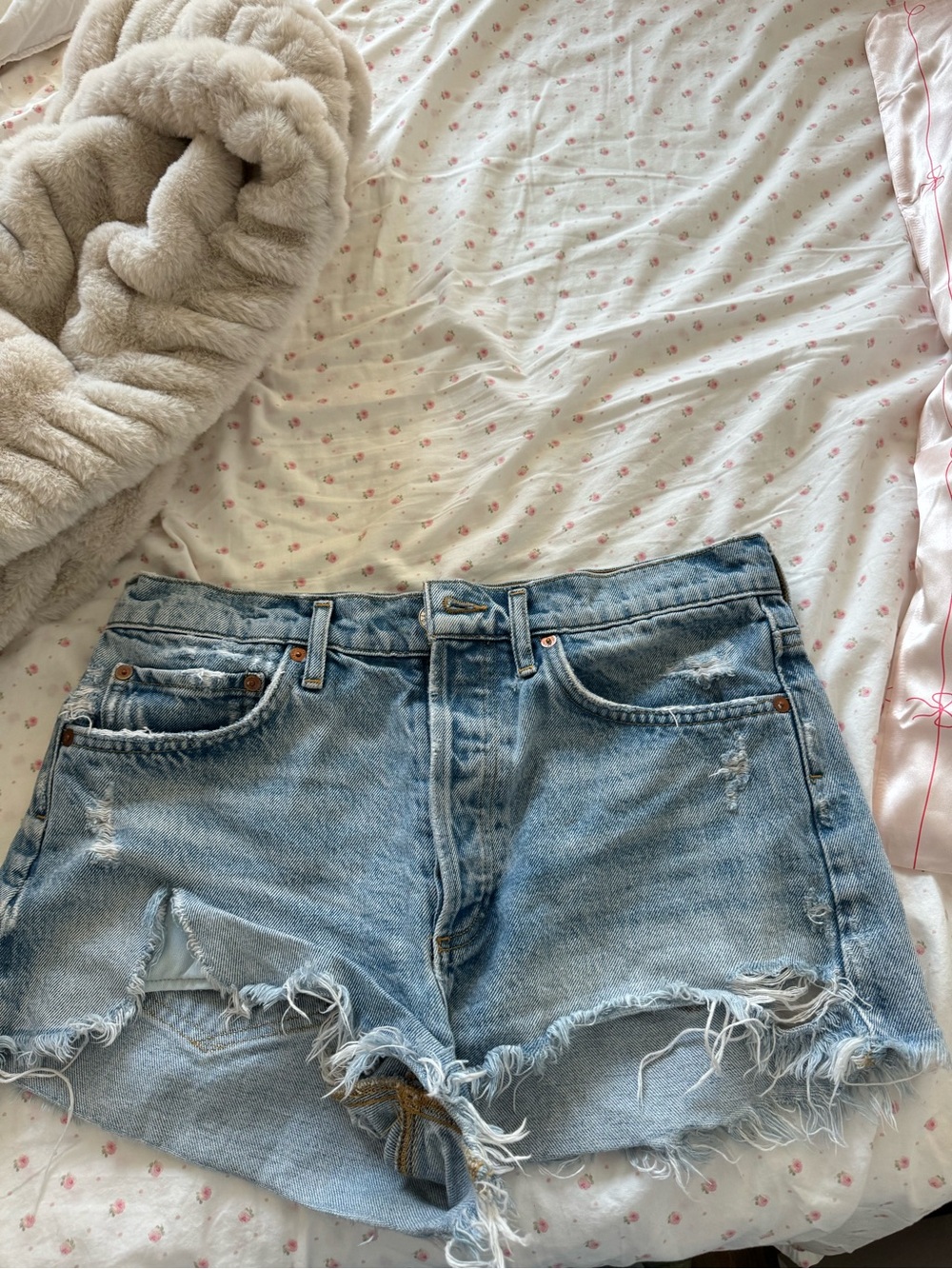 Agolde Light Blue Distressed High-Rise Denim Shorts